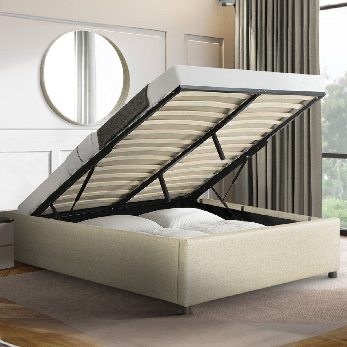 Lit coffre avec sommier Otto - Beige - Tissu
