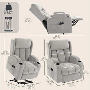 Fauteuil releveur massant chauffant inclinable repose-pieds ajustable télécommande gris clair