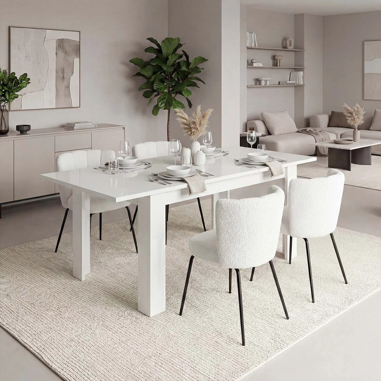 Mesa de comedor extensible en blanco brillo 140-190x90 cm Sira Blanco Brillo