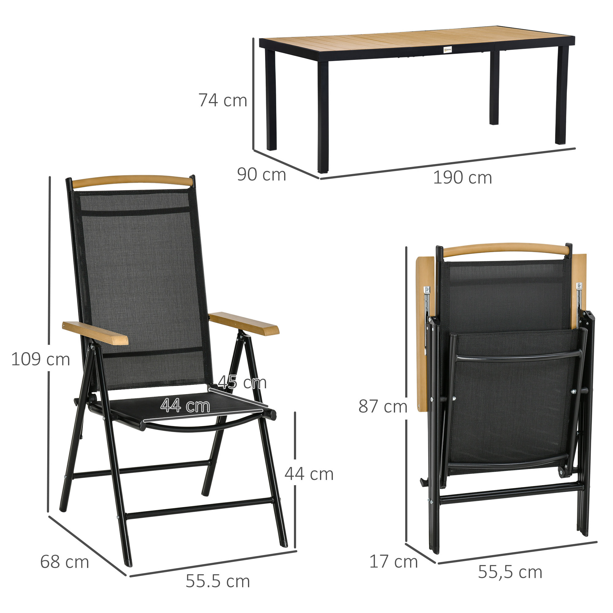 Ensemble table de jardin 6 personnes - chaises pliables inclinables accoudoirs - alu textilène noir plastique effet bois