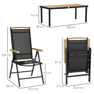 Ensemble table de jardin 6 personnes - chaises pliables inclinables accoudoirs - alu textilène noir plastique effet bois