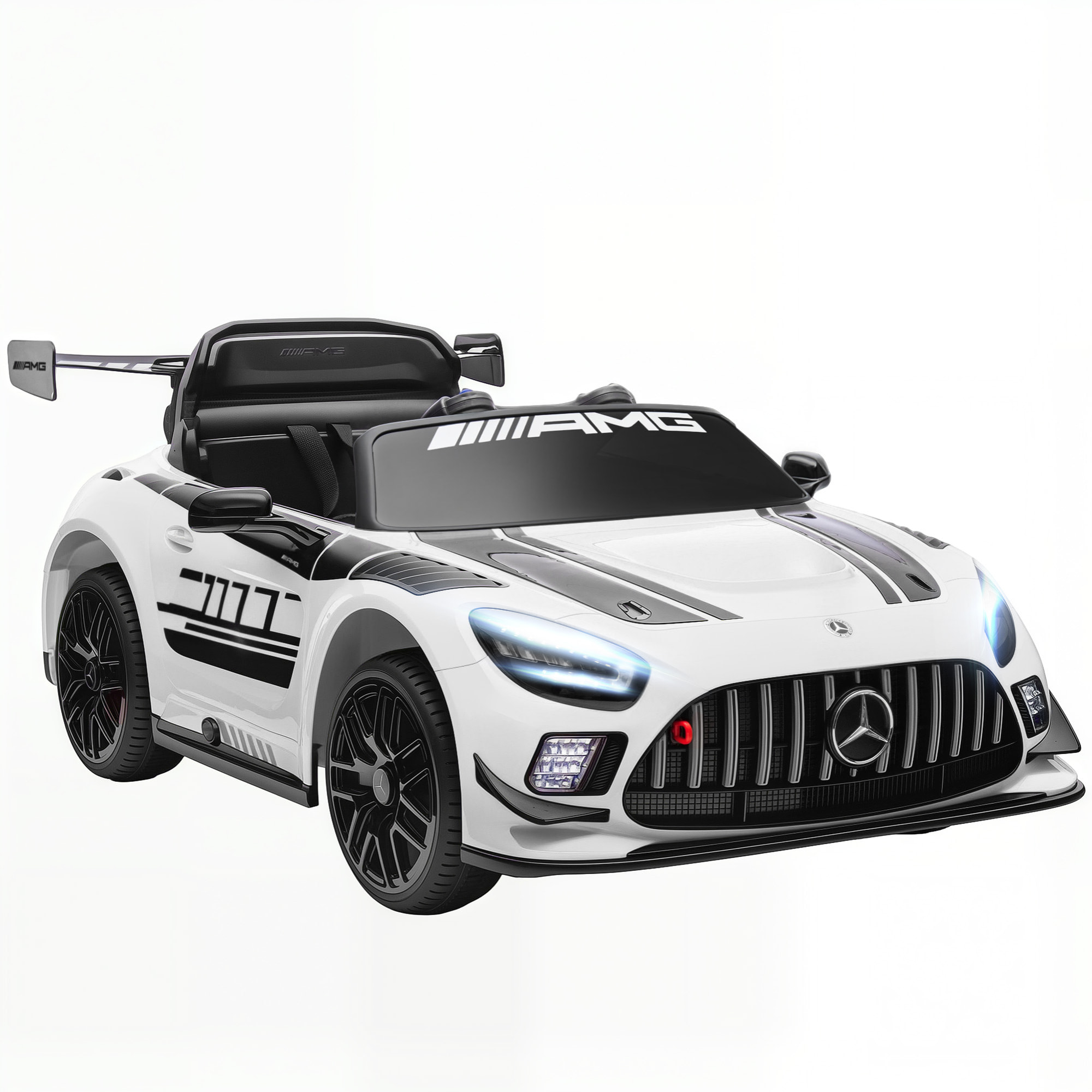 Coche Eléctrico para Niños, Mercedes-AMG GT3 Evo, Coche de Batería 12V, con Mando a Distancia 2,4 G, Motor Doble, Ruedas Auxiliares, Asa de Arrastre, Música Inalámbrica, Faros, Blanco