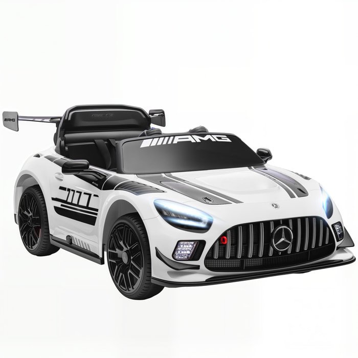 Coche Eléctrico para Niños, Mercedes-AMG GT3 Evo, Coche de Batería 12V, con Mando a Distancia 2,4 G, Motor Doble, Ruedas Auxiliares, Asa de Arrastre, Música Inalámbrica, Faros, Blanco