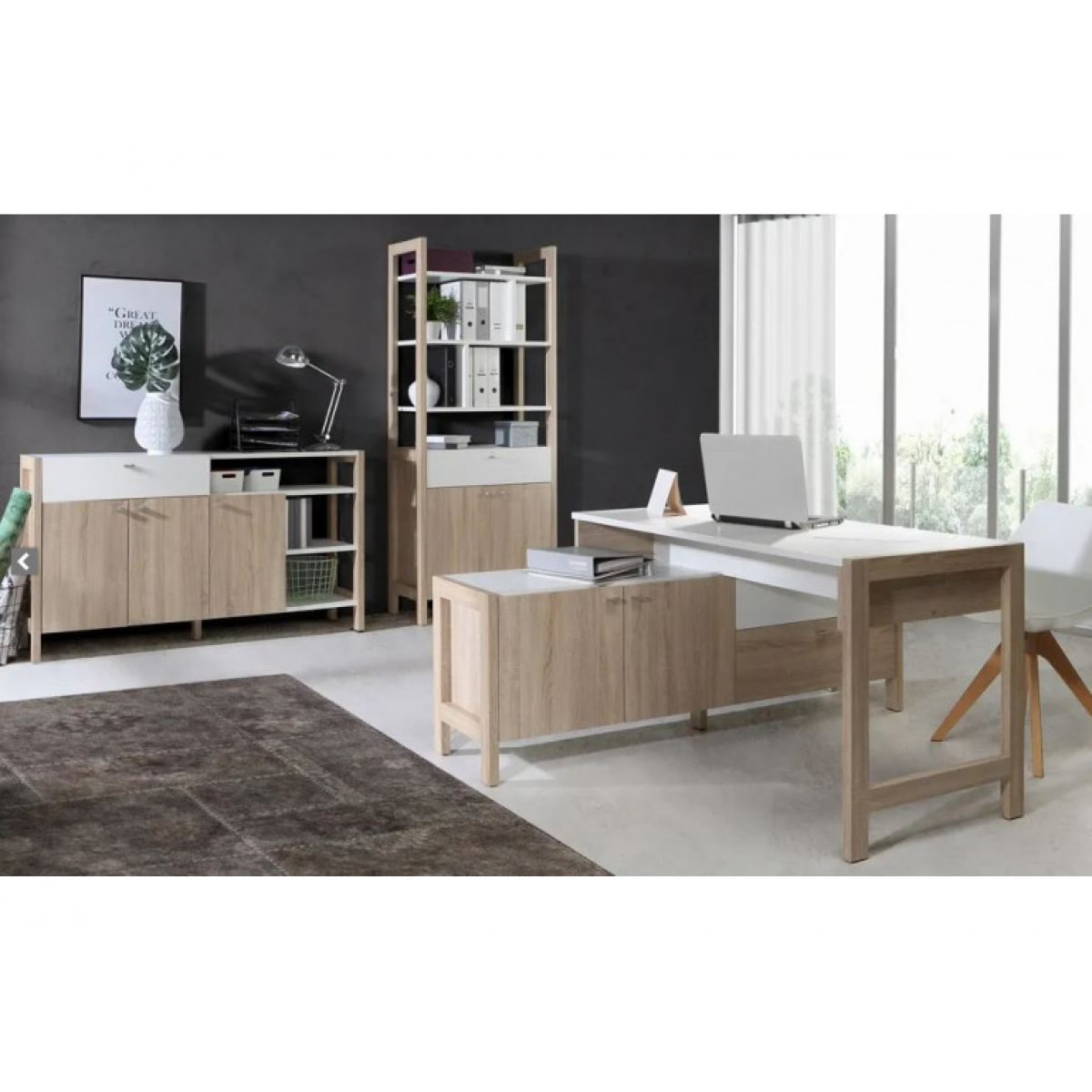 Buffet 3 portes 1 tiroir 3 étagères blanc en chêne clair - SCANDI