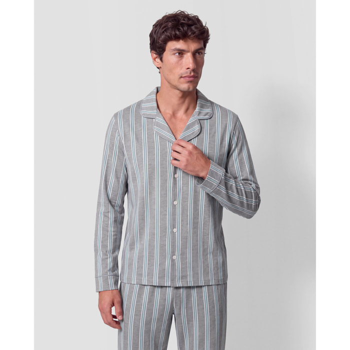 Pijama largo camisero algodón raya talea azul verde