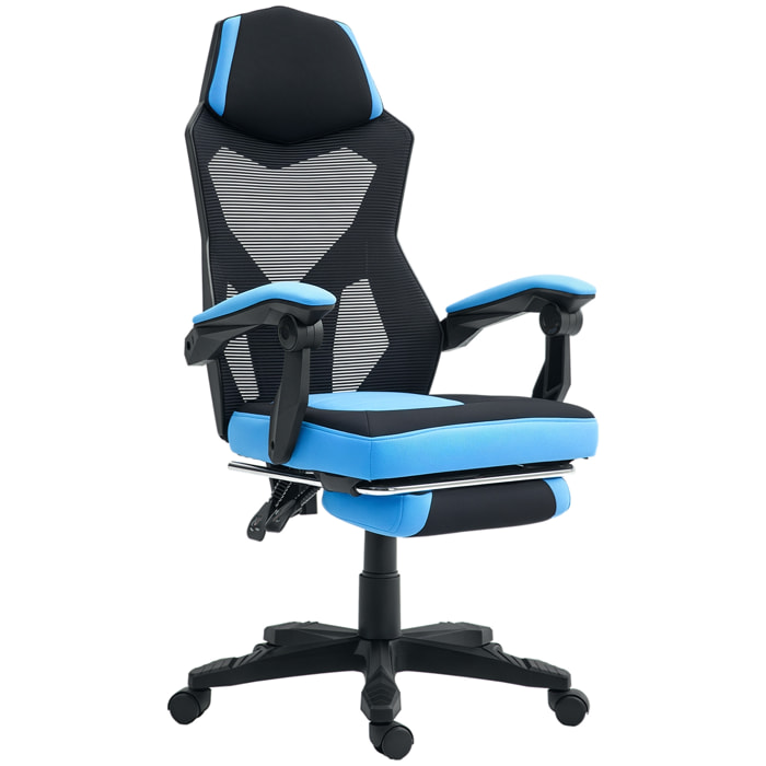 Silla Gaming Giratoria de Malla, Silla Gamer con Reposapiés Retráctil, Respaldo Reclinable y Alto, Altura Ajustable, Reposabrazos Acolchados, Azul