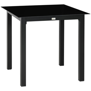 Table de jardin carrée 4 personnes dim. 80L x 80l x 74H cm alu. plateau verre trempé noir