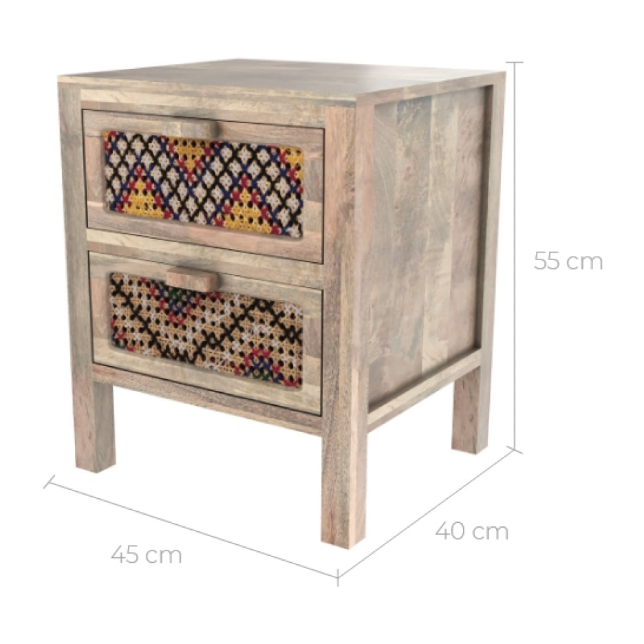 Table de chevet 2 tiroirs en manguier et cannage coloré - Massaï