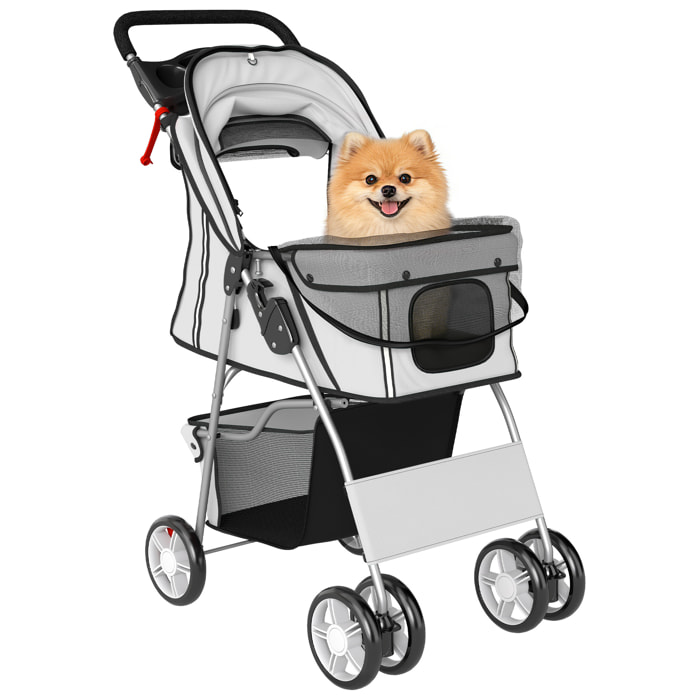 Carrito para Perros Plegable, Cochecito para Perros Pequeños con Cesta de Almacenaje, Ventanas de Malla, Portavasos, Ruedas y Cojín Lavable, Carga 10 kg, 77x44x102 cm, Gris