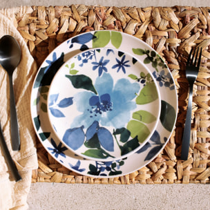 Lot de 6 assiettes à dessert en grès 19cm motif fleuri bleu BLEUET