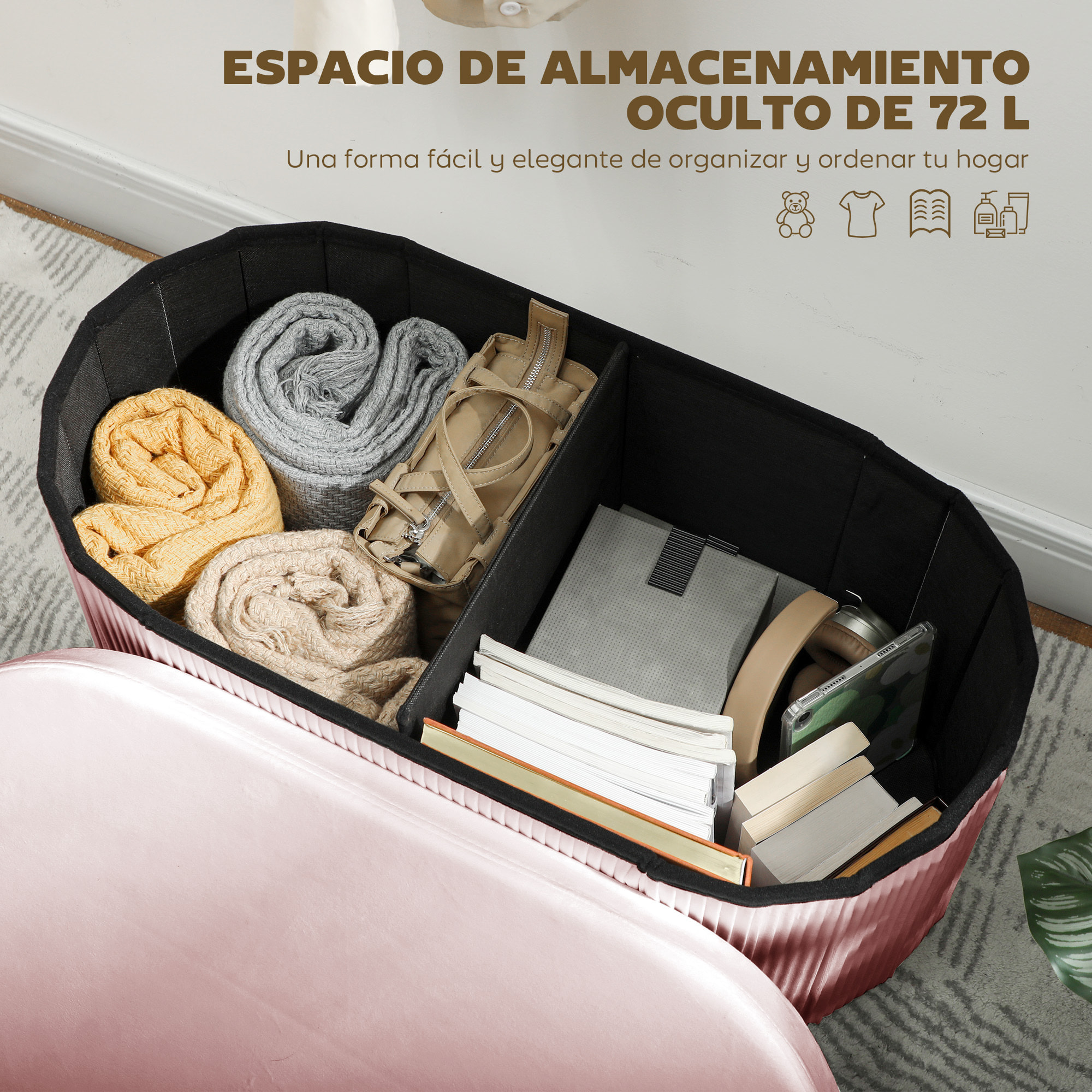Puff Almacenaje, Banco Almacenaje Plegable, 72 L, 76x38x35 cm, Tapizado en Terciopelo, Baúl de Almacenamiento, Carga 120 kg, Taburete para Sala de Estar, Dormitorio, Entrada, Rosa