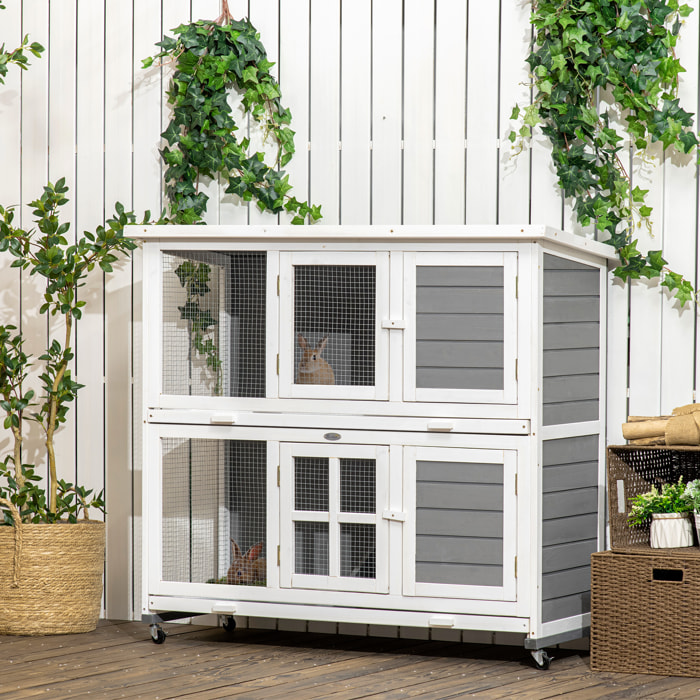 Conejera de Madera de 2 Niveles Jaula para Conejos con Ruedas 2 Puertas Techo Abatible y 2 Bandejas Extraíbles Conejera para Interior y Exterior 119x50,5x109 cm Blanco y Gris