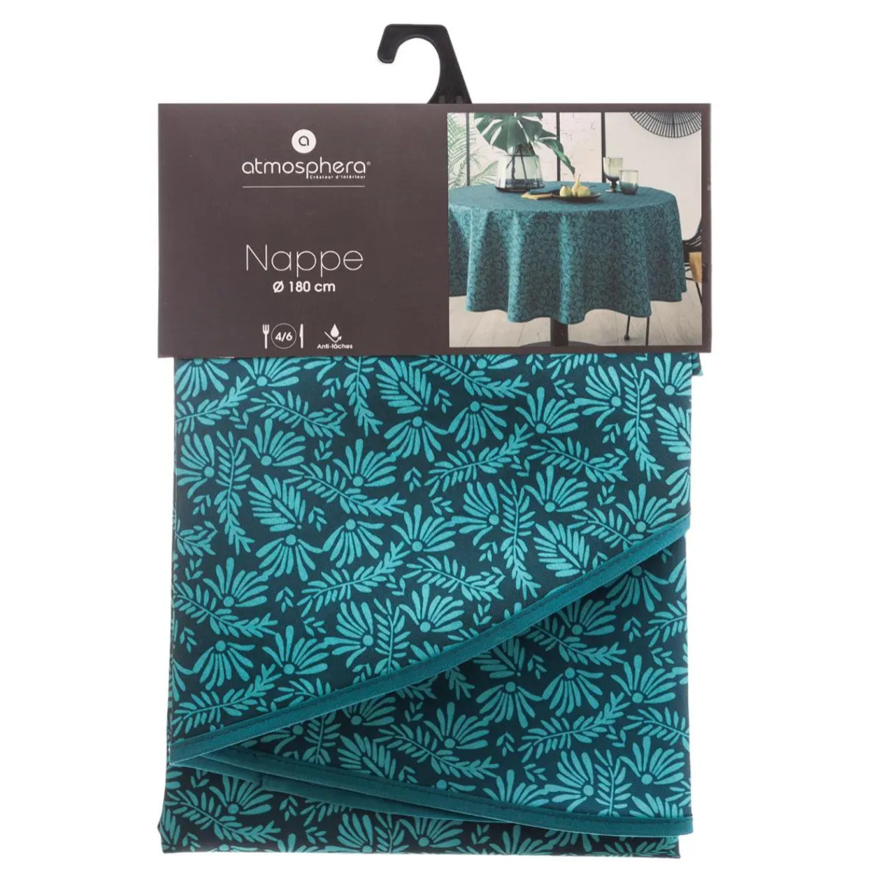 Nappe anti-tache "Meili" feuilles bleu canard D180cm