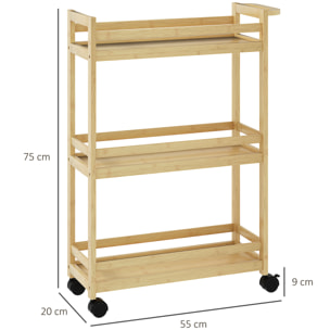 Estantería de Baño de Bambú de 3 Niveles Carrito Auxiliar de Almacenaje con Ruedas para Salón Cocina 55x20x75 cm Natural