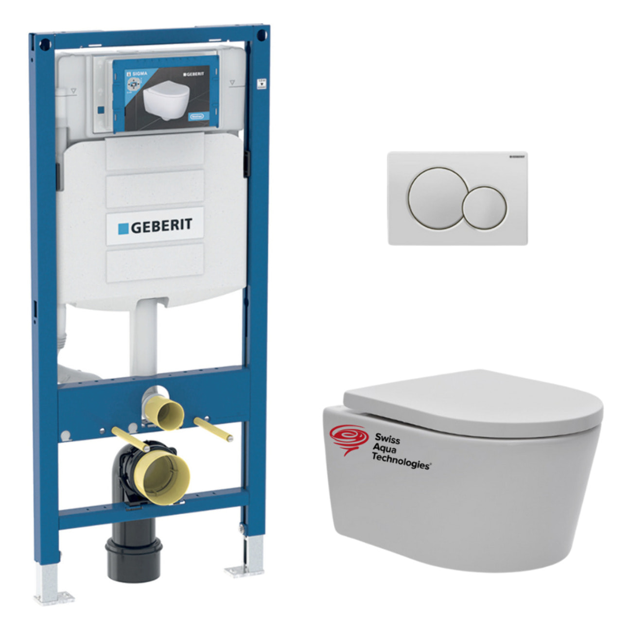 Pack WC bati-support Geberit + Cuvette Swiss Aqua Technologies + abattant SoftClose + Plaque  (GEBSATRIMLESS-B)