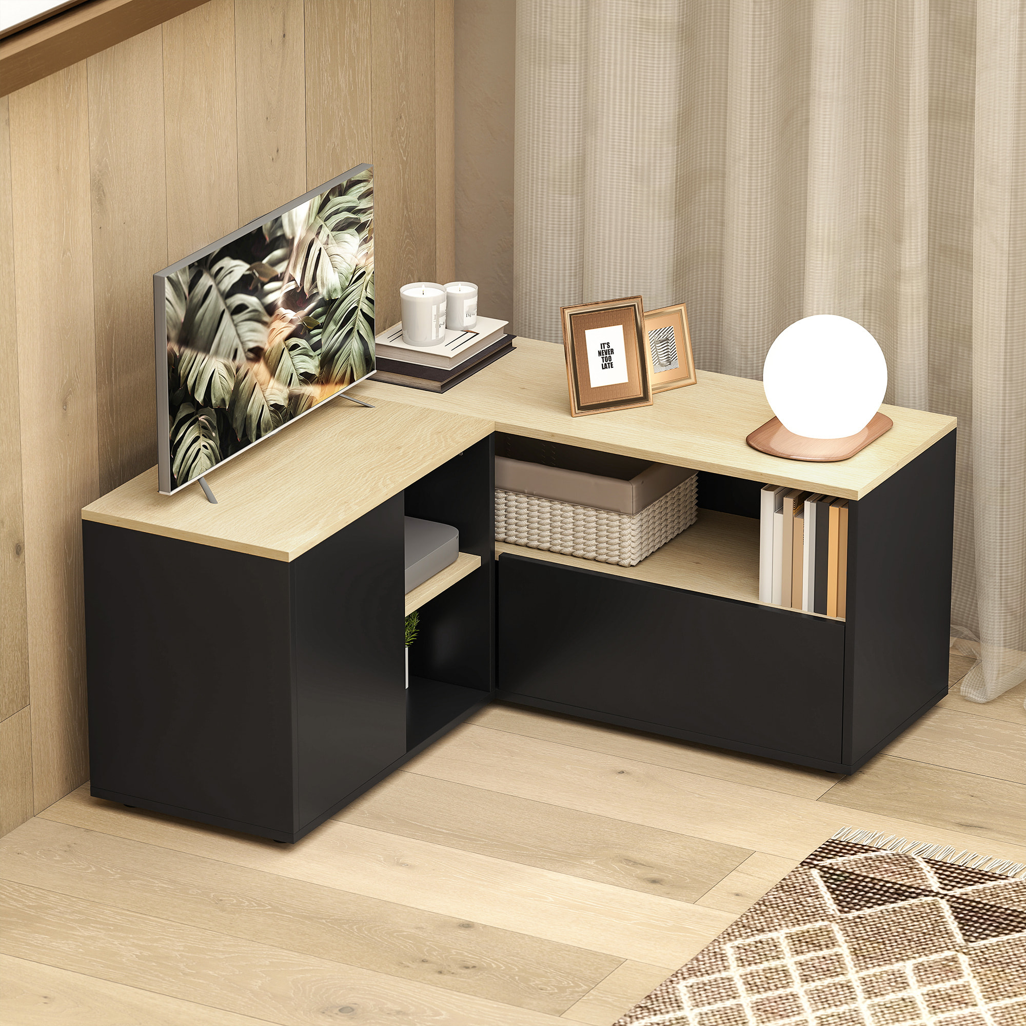 Meuble TV d'angle banc TV en L 2 portes 3 niches panneaux aspect bois chêne clair noir