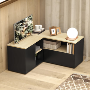 Meuble TV d'angle banc TV en L 2 portes 3 niches panneaux aspect bois chêne clair noir