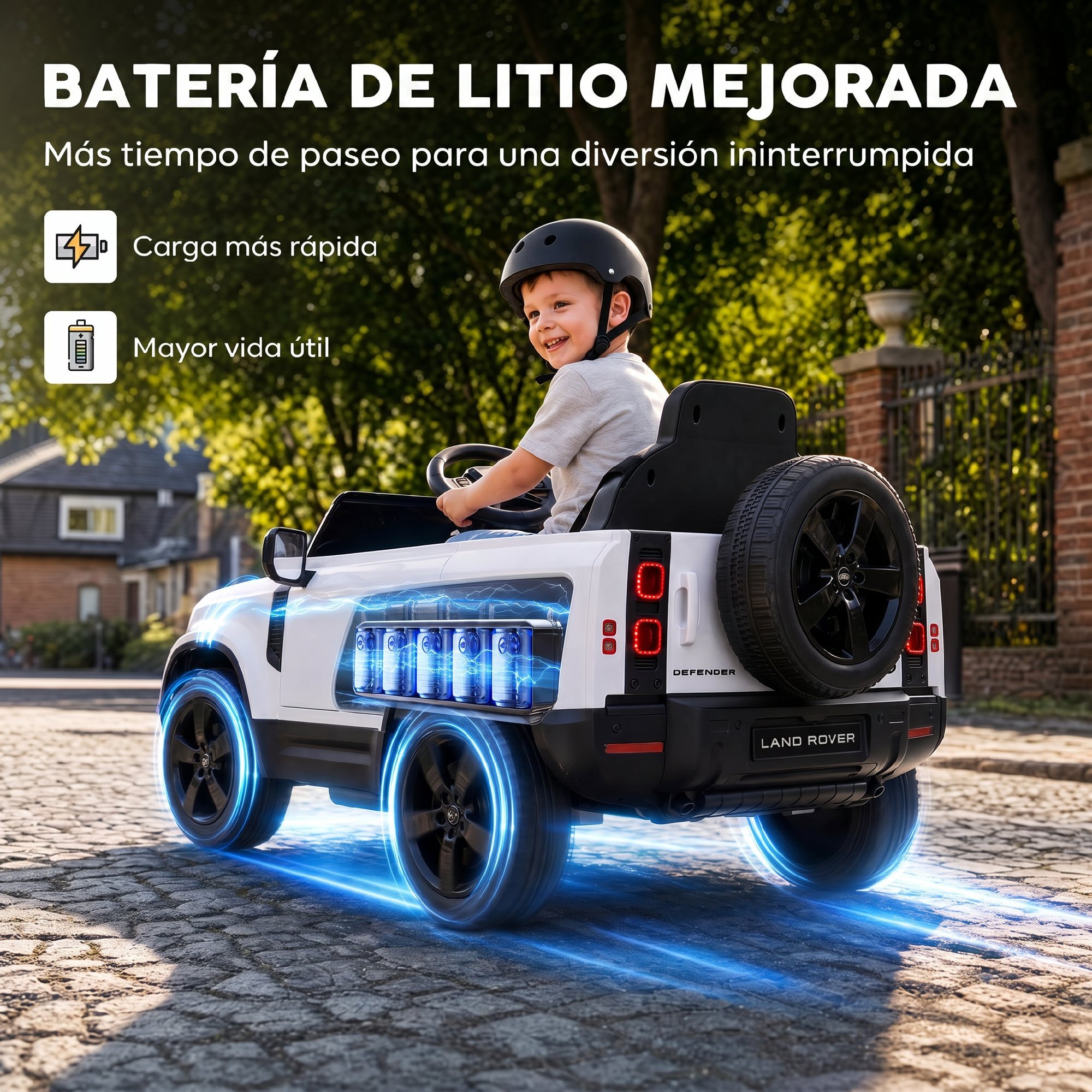 AIYAPLAY Coche Eléctrico SUV para Niños Land Rover Defender Coche de Batería 12 V Mando a Distancia 2,4G Suspensión Arranque Suave 2,7-4,5 km/h Rueda Auxiliar Luces LED Música Claxon 3-5 Años Blanco