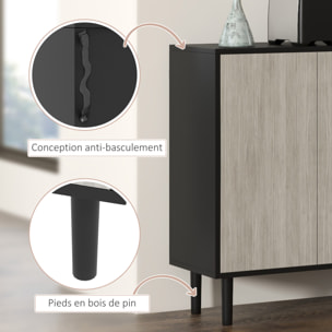 Buffet design contemporain - 4 portes, 2 étagères - dim. 121L x 37l x 75H cm - piètement effilé pin noir aspect bois gris