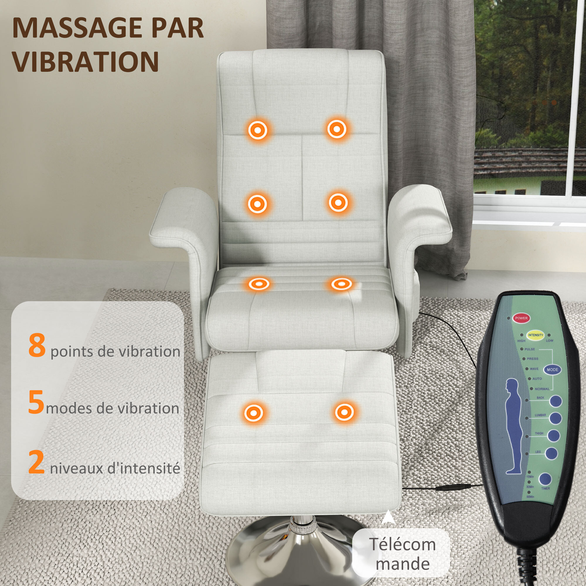 Fauteuil relax massant inclinable réglable avec repose-pied piètement acier chromé tissu grège clair