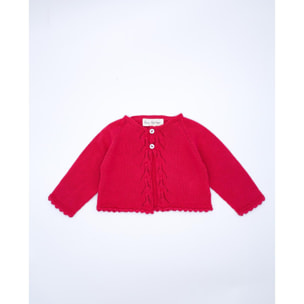 Chaqueta de punto roja. Detalle en el centro y dos botones en la parte superior.