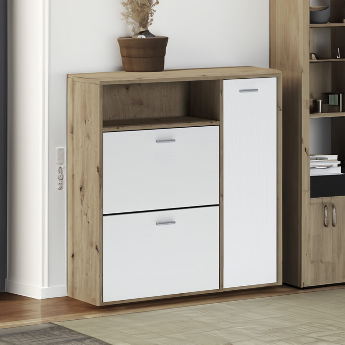 Mobile da ingresso Scultore, Entratina appendiabiti, Composizione per atrio, Consolle portaoggetti multifunzione, 92x27h94 cm, Rovere e Bianco
