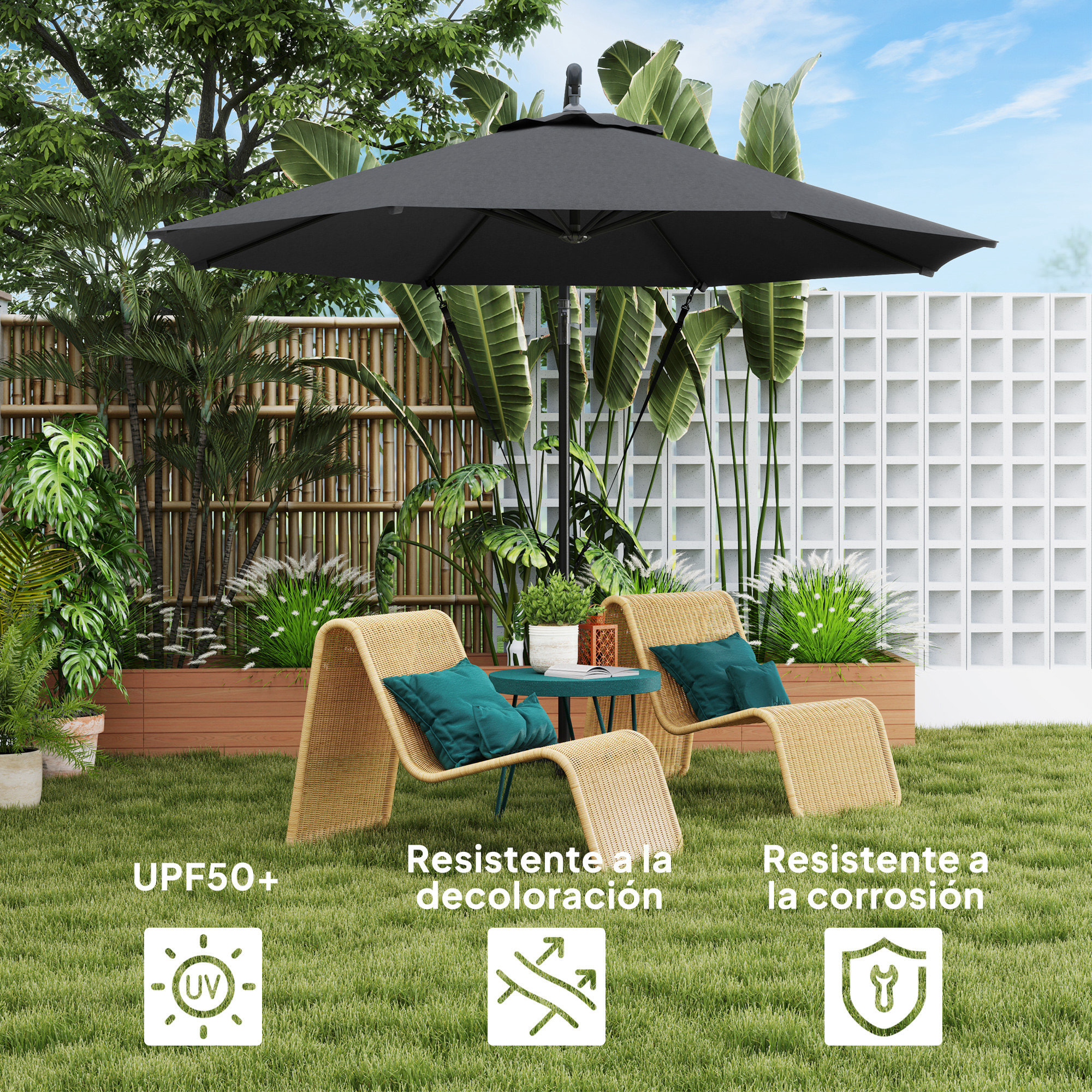 Parasol Excéntrico Ø 290 cm Sombrilla de Jardín con Base Cruzada Manivela Funda para Sombrilla y Cuerda de Viento Anti-UV 50+ Sombrilla para Terraza Patio Gris Oscuro
