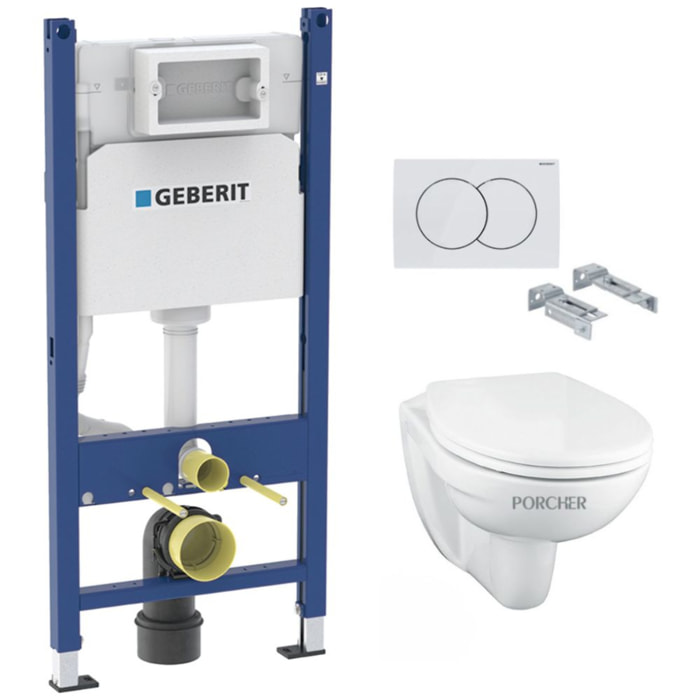 Pack WC Bati-support Geberit Duofix + Cuvette suspendue Porcher sans bride + Abattant Ideal Standard ASTOR + Plaque blanche (Por