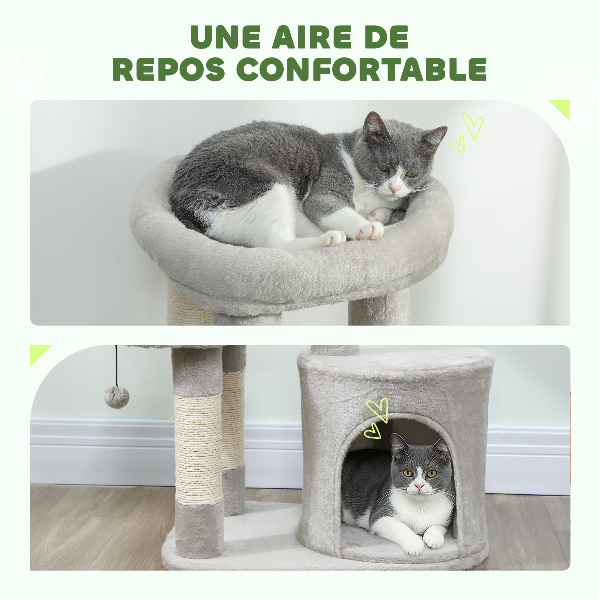Arbre à chat design gris clair arrondi H.90cm niche 2 plateformes boule griffoirs
