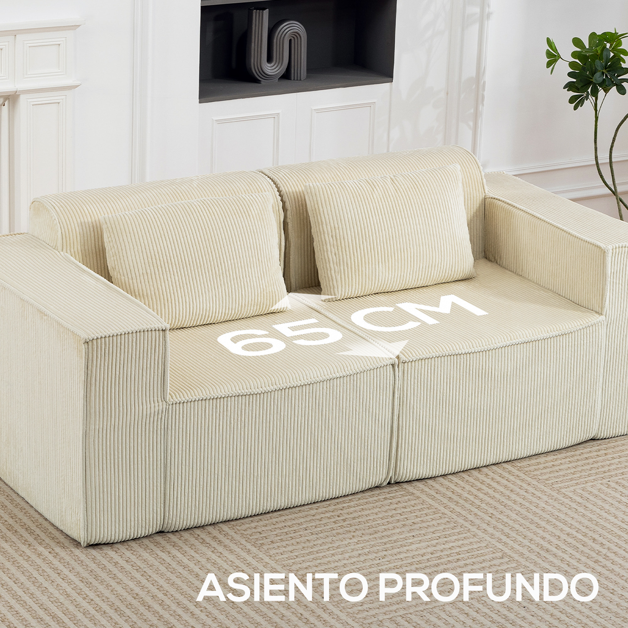 Sofá de 3 Plazas, Sofá de Salón, 202x90x76 cm, Tapizado en Pana, Acolchado Grueso, Asiento Extra Profundo, Reposabrazos Anchos, 2 Almohadas, Beige