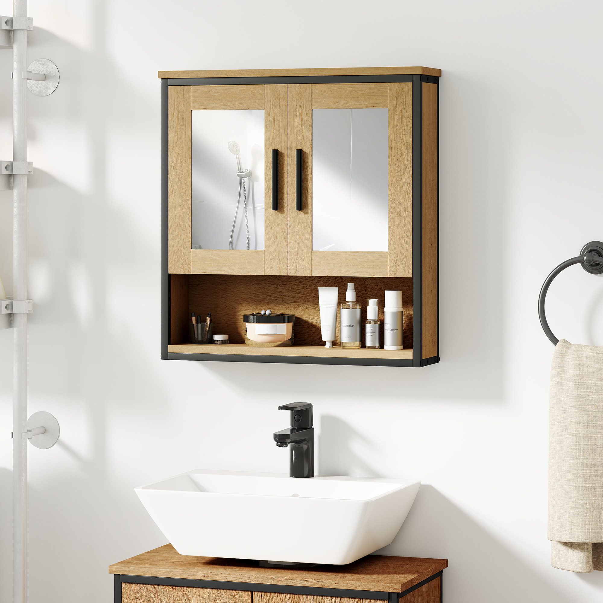 Armoire miroir murale salle de bain - 2 portes, étagère, niche - acier noir effet bois