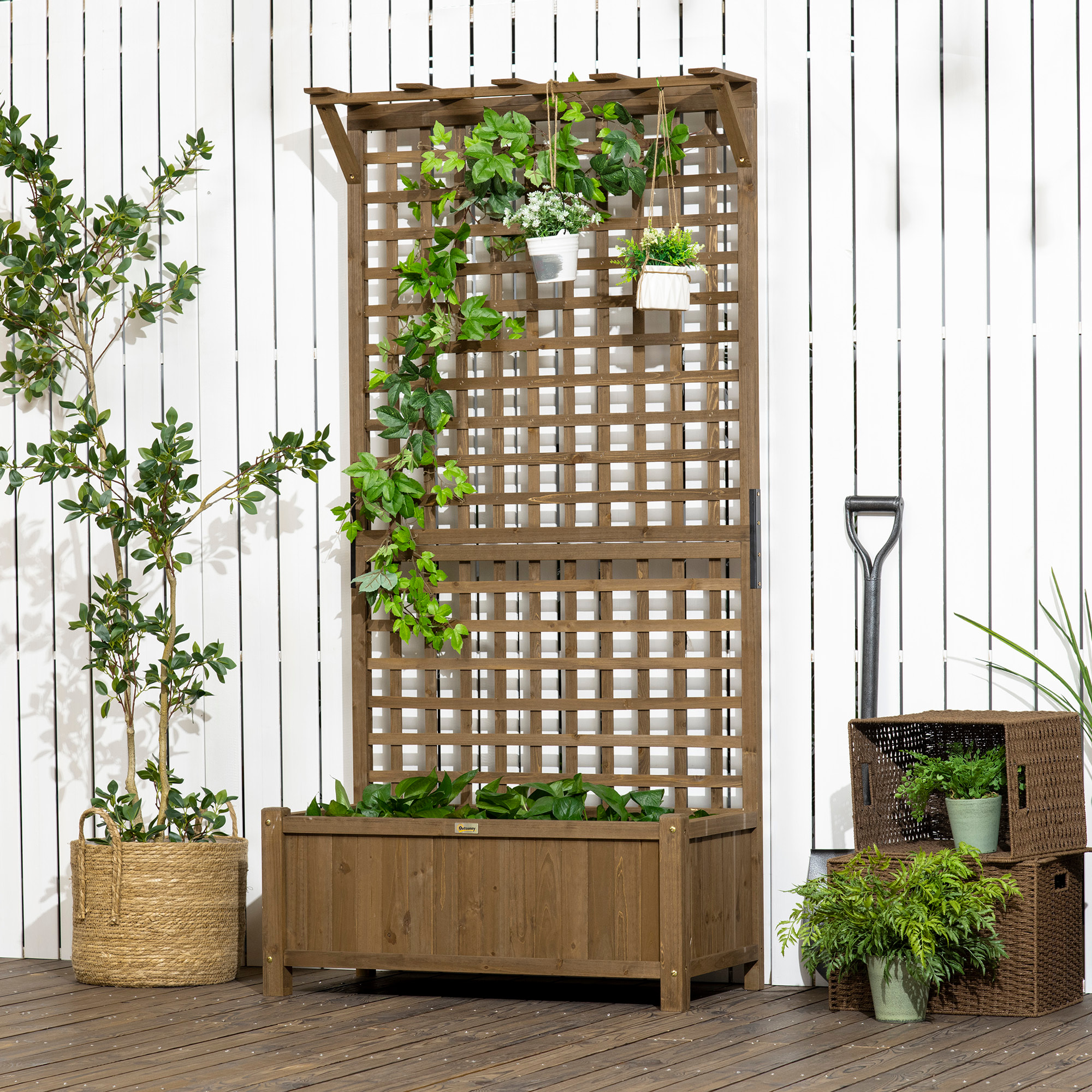 Jardinera con Enrejado de Madera Macetero de Jardín con Soporte para Trepadora Cultivo de Plantas Flores Jardinera con Celosía para Patio Terraza 90x45x183 cm Marrón