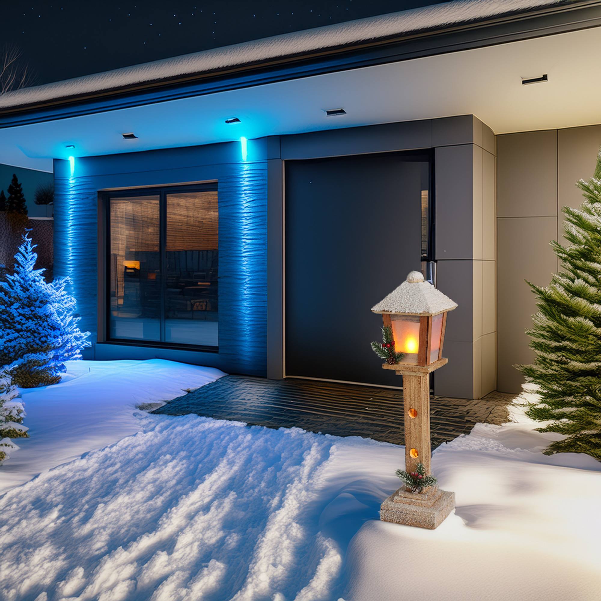 decoración navideña farola de madera con 21 luces led cálidas con temporizador 12x12x52cm