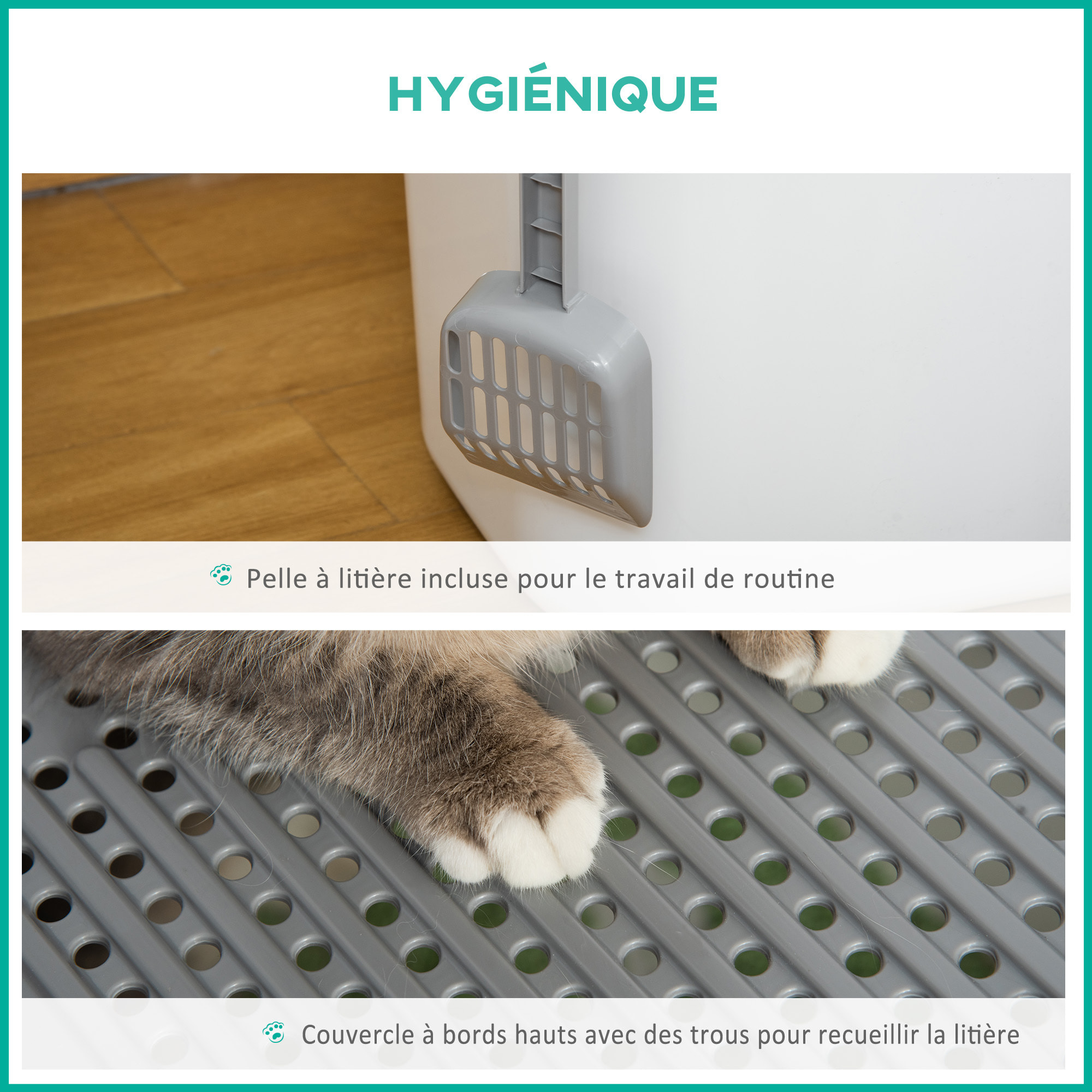 Maison de toilette litière pour chat double porte battante et supérieure - pelle incluse - blanc gris