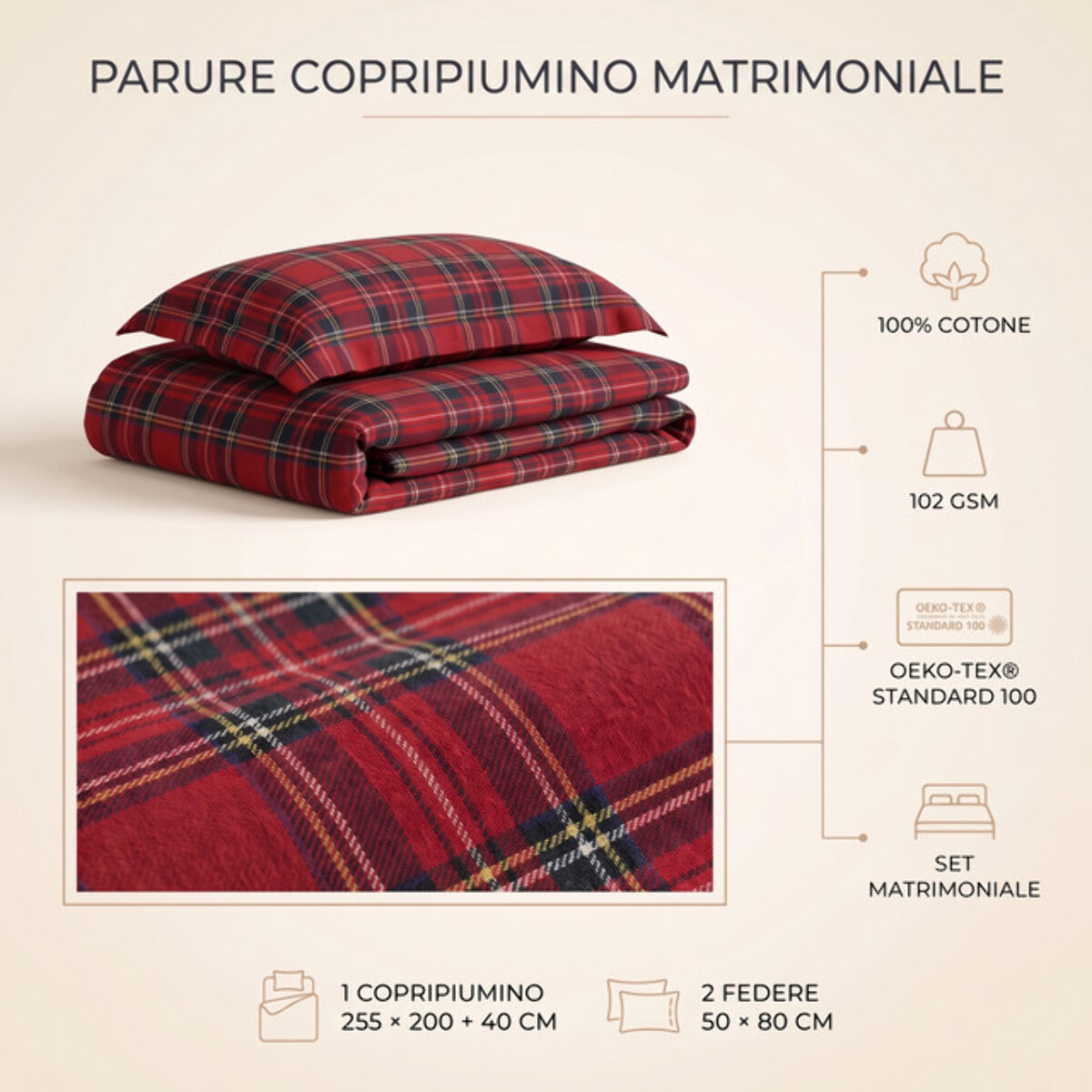 Parure copripiumino matrimoniale in 100% cotone - Rosso