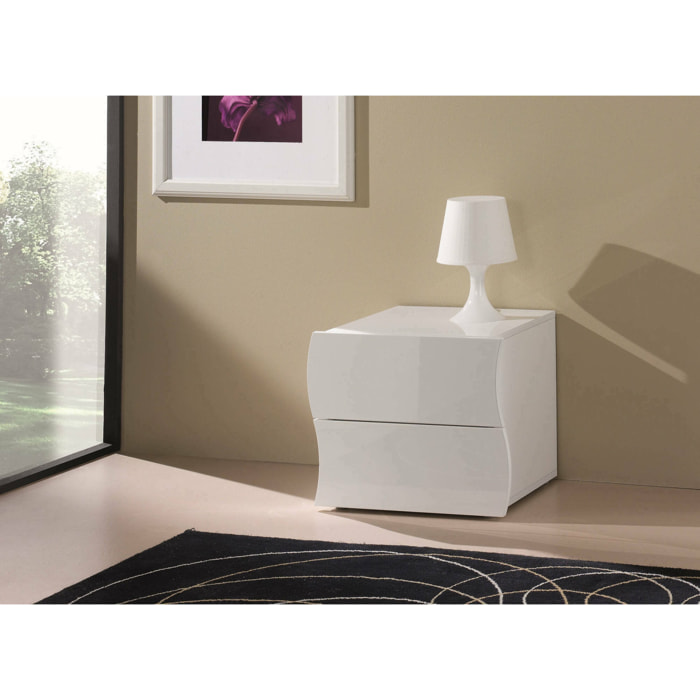 Comodino Thanatos, Tavolino da notte con 2 cassetti, Mobiletto per camera da letto, 100% Made in Italy, cm 50x40h41, Bianco lucido