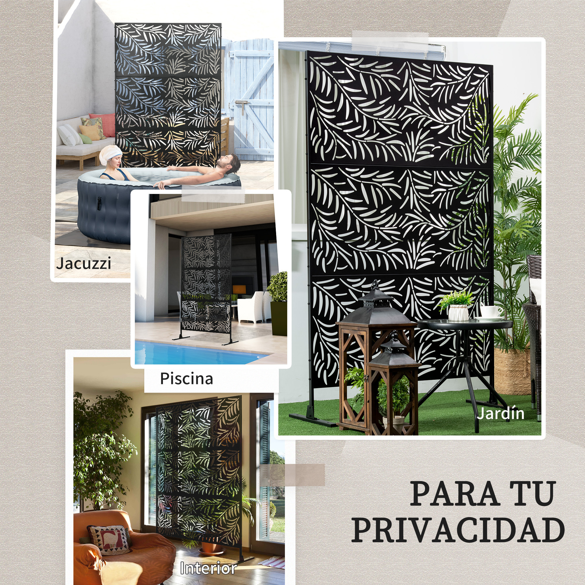 Biombo de 3 Piezas Biombo Separador de Ambientes con Diseño de Hoja de Sauce Biombo para Exterior Jardín Patio Terraza 122x45x198 cm Negro