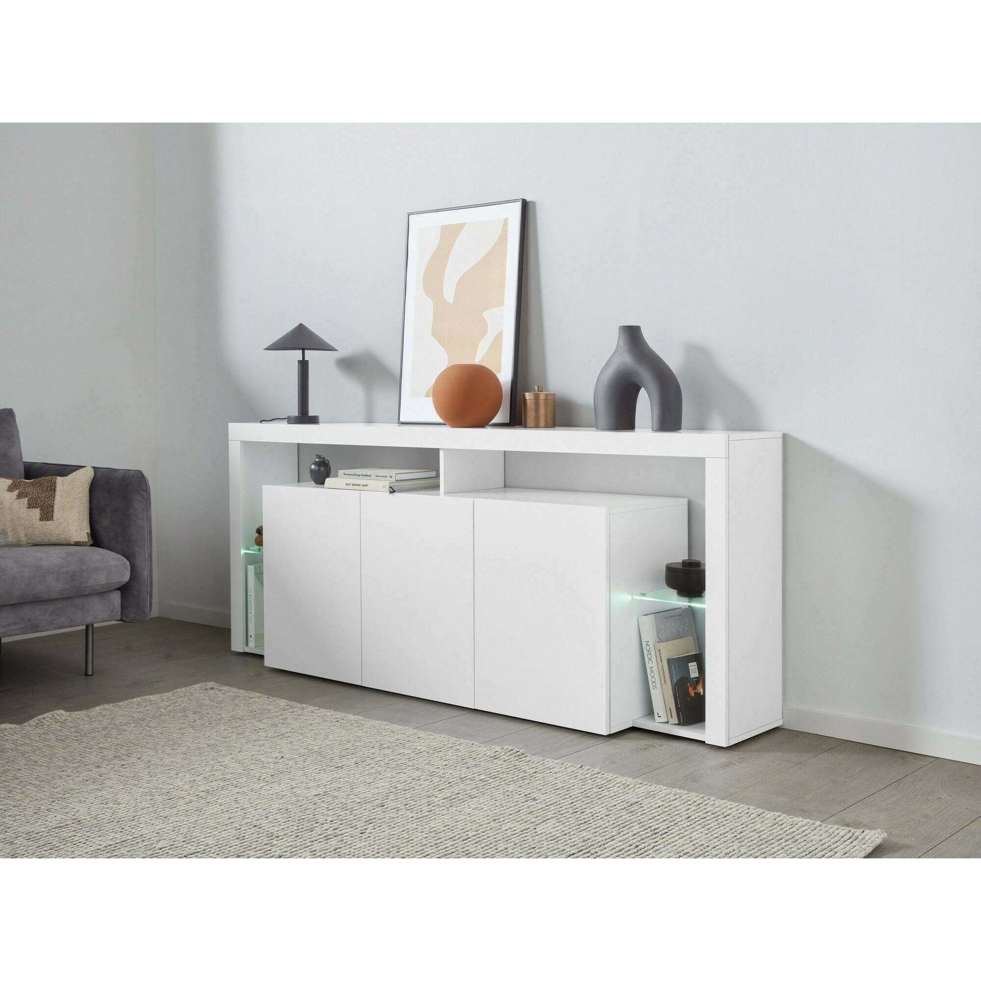 Credenza Ddariv, Buffet da soggiorno a 3 ante, Madia da salotto, Credenza moderna, 100% Made in Italy, 200x40h80 cm, Bianco lucido