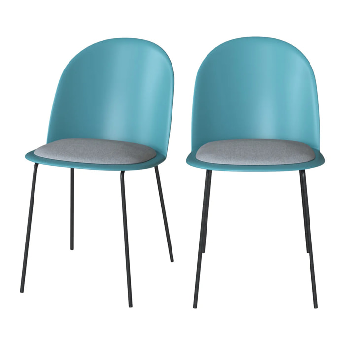 Lot de 2 chaises bleues en plastique, tissu gris et pieds en métal - Lulu