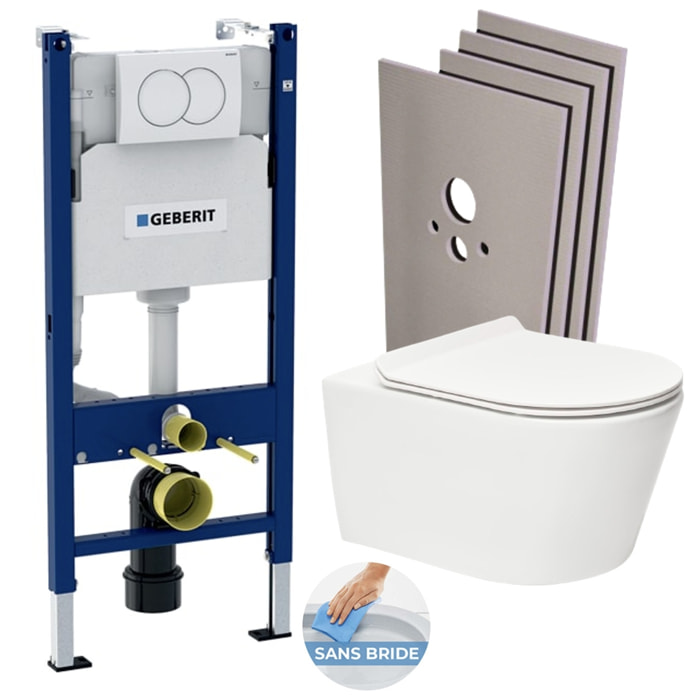 Pack WC sans bride Brevis + Abattant softclose slim + Bâti support Geberit UP100 + Plaque blanche + Set Habillage