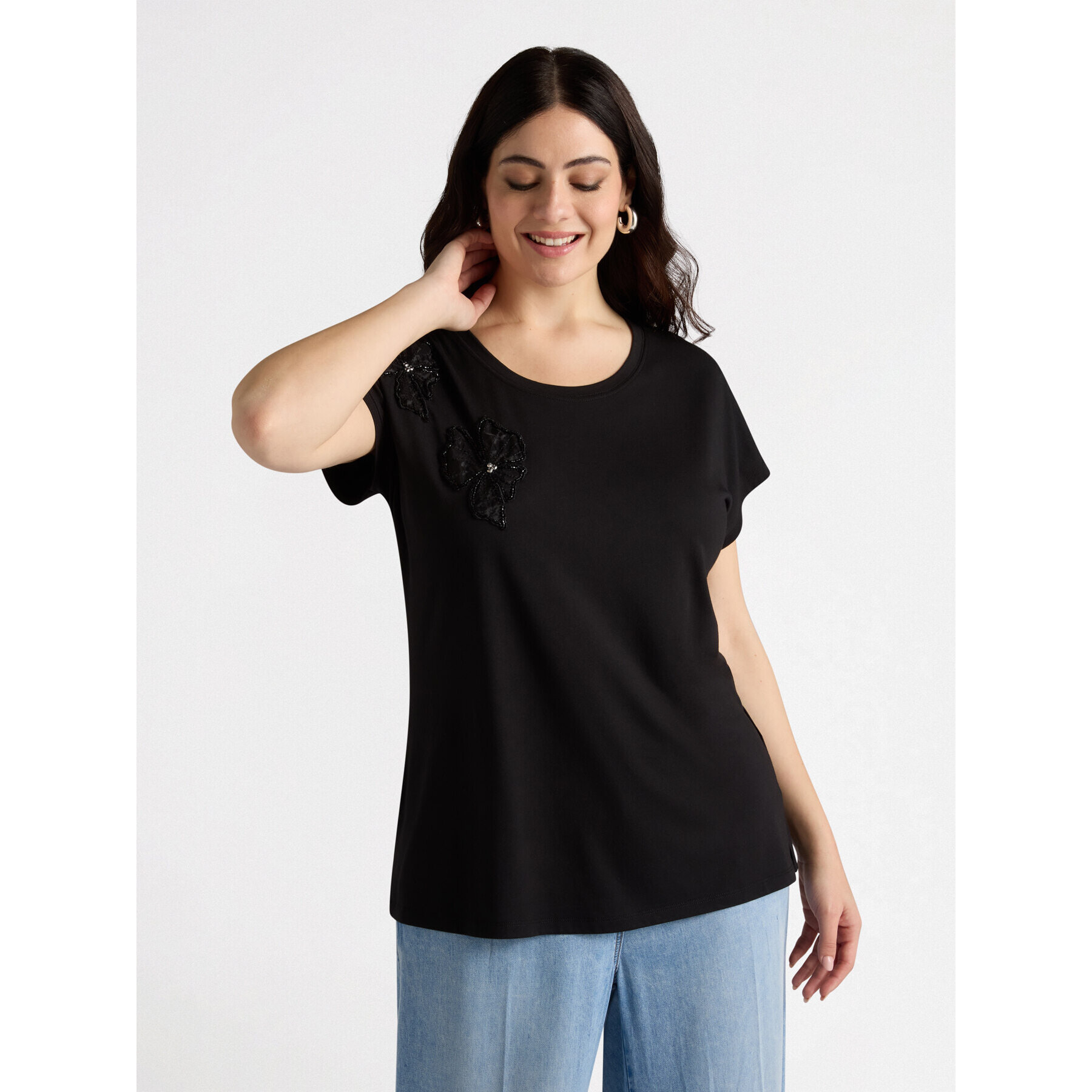 Fiorella Rubino - Camiseta con flores bordadas - Negro