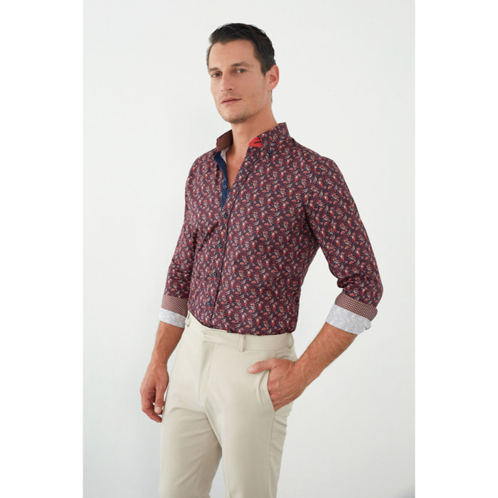 Camicia Uomo 1 Bottoni Button Down Slim Popeline Stampato Blu/Bordeaux
