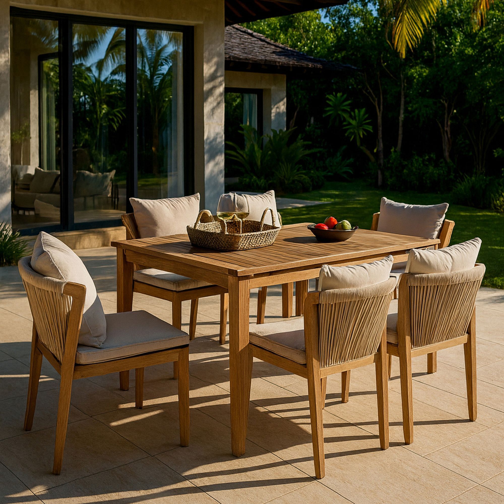 Ensemble table et 6 chaises de jardin en bois d'acacia avec coussin FIDJI