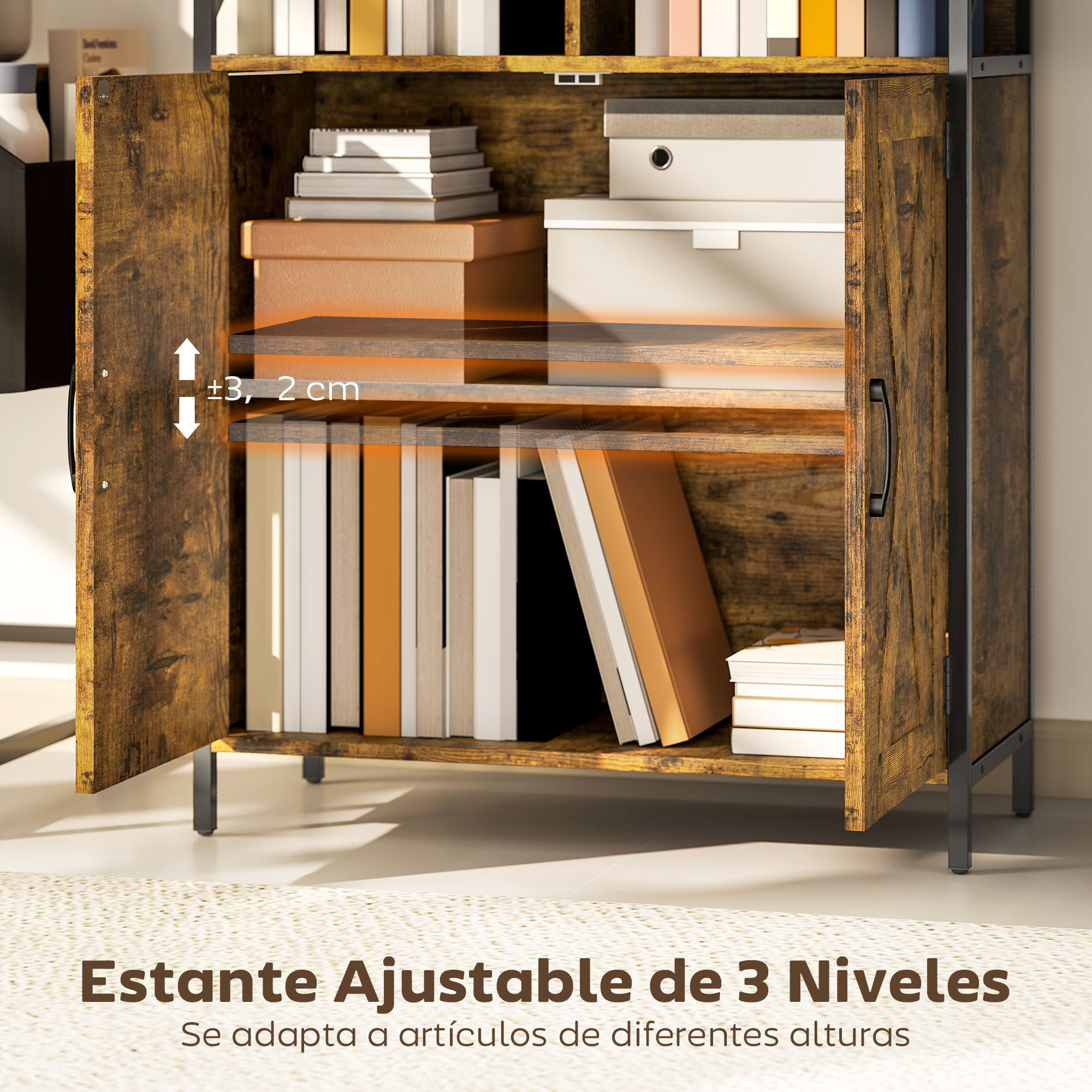 Librería de 6 Niveles, Estantería de Libros Organizador con 6 Compartimentos Abiertos, 2 Puertas y Estante Ajustable, Estilo Industrial para Salón Oficina Dormitorio 75x34x172 cm Marrón Rústico