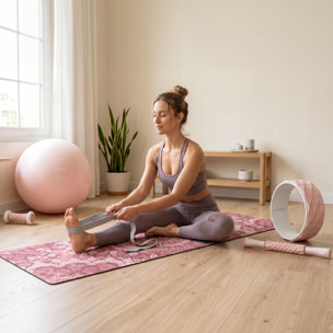 Kit de Yoga y Pilates ROSA 6 accesorios con esterilla, pelota, rueda, masajeadores y correa