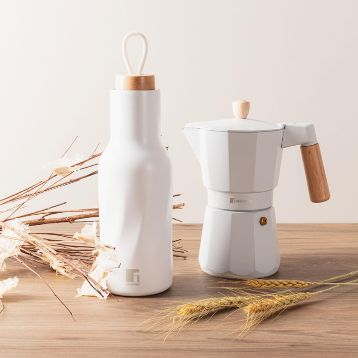 cafetera para 3 tazas en aluminio blanco con mango de madera