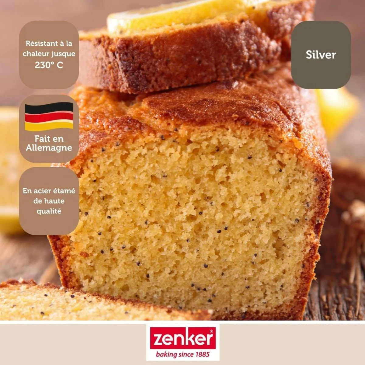 Set de pâtisserie avec 1 Moule Cake 30cm, 1 spatule Zenker et 2 bols à mixer en inox Fackelmann