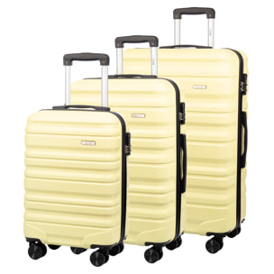 Set di 3 valigie Trolley, in materiale leggero ABS ad alta resistenza. Chiusura numerica e 4 ruote girevoli a 360°.