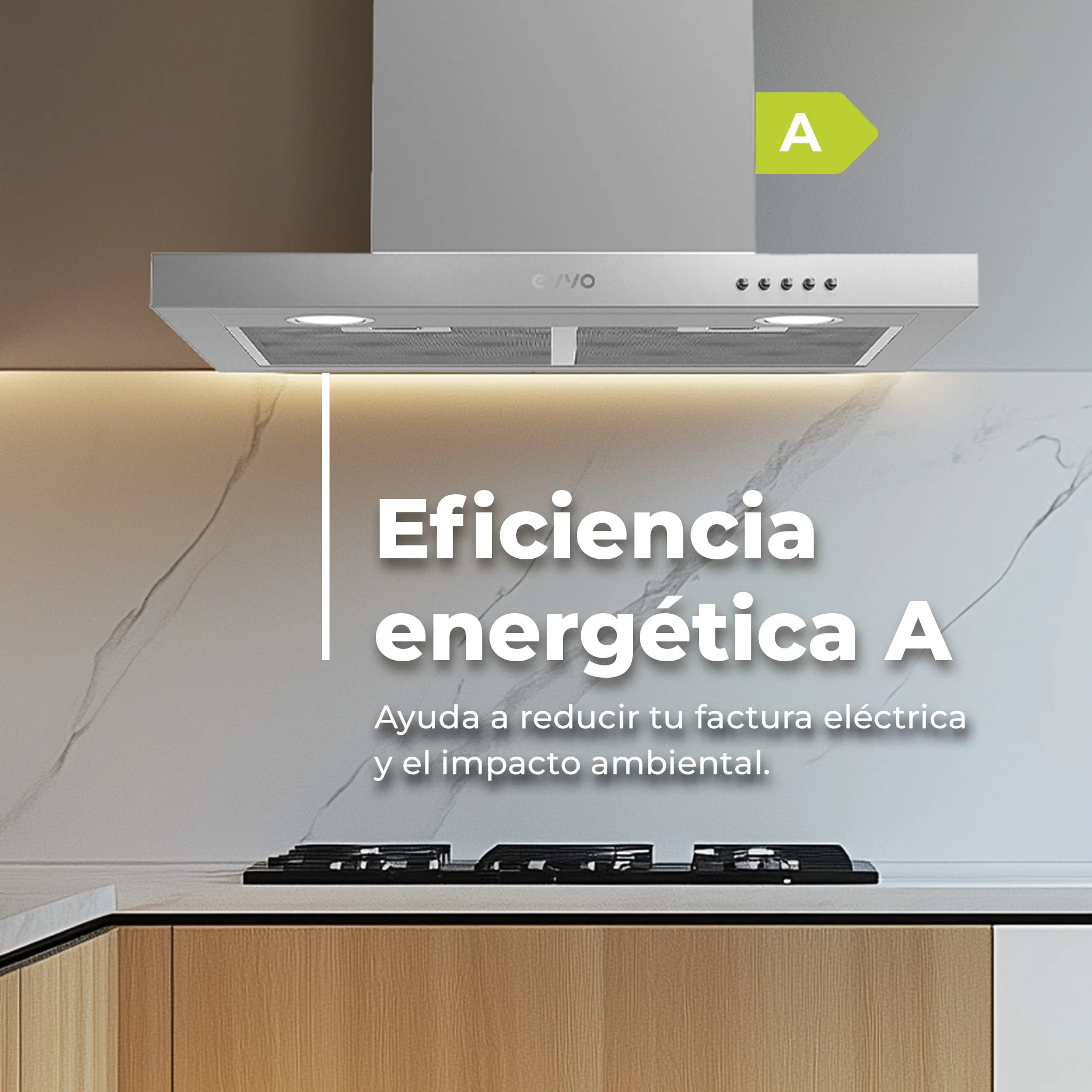 Campana Extractora Decorativa EVVO CE30, 60 cm, Inox, 350 m³/h, 3 Velocidades, Energía B
