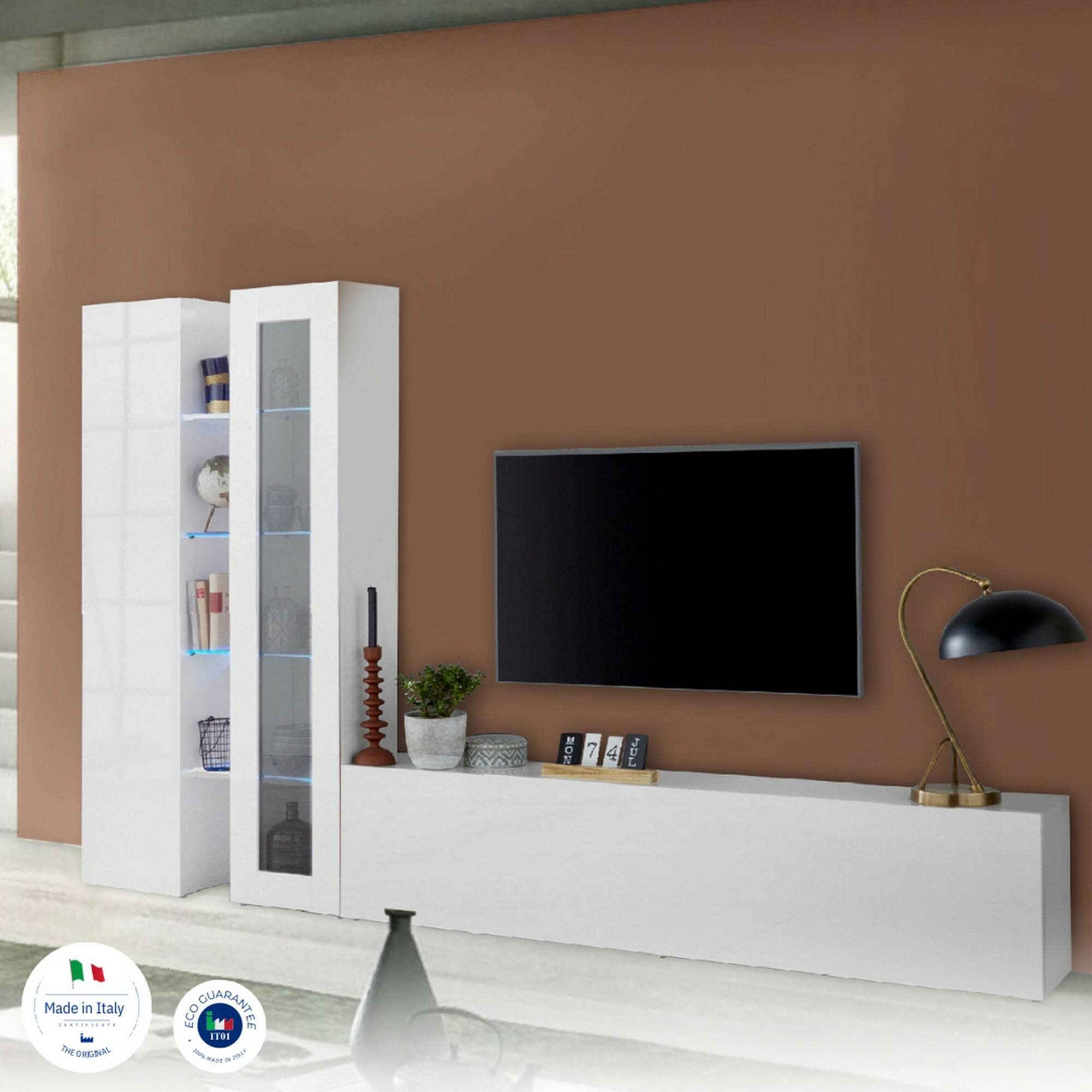 Parete attrezzata Dimitri, Set salotto porta TV a 3 ante, Mobile soggiorno multiuso con vetrina e luce LED, 100% Made in Italy, cm 280x30h180, Bianco lucido